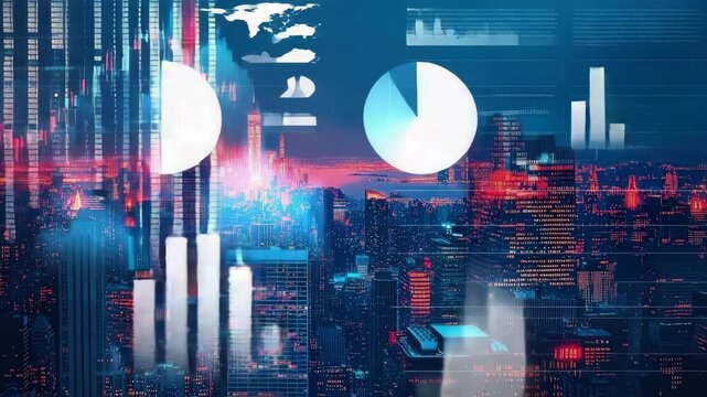 Double exposure of the New York City skyline blended with stock and cryptocurrency charts showing rises and falls, symbolizing modern financial markets in a dynamic, high-detail style.