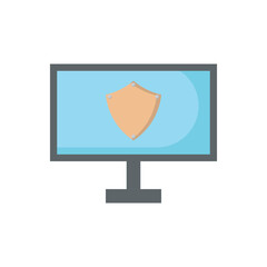 computer monitor displaying a shield, ideal for cyber defense, antivirus software, or internet safety concepts.