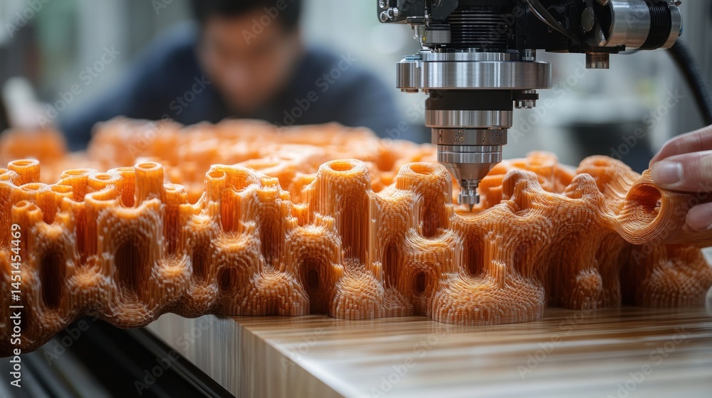 Poster 3d printing in action: a close-up of an orange coral-like structure emerging from a high-tech machin