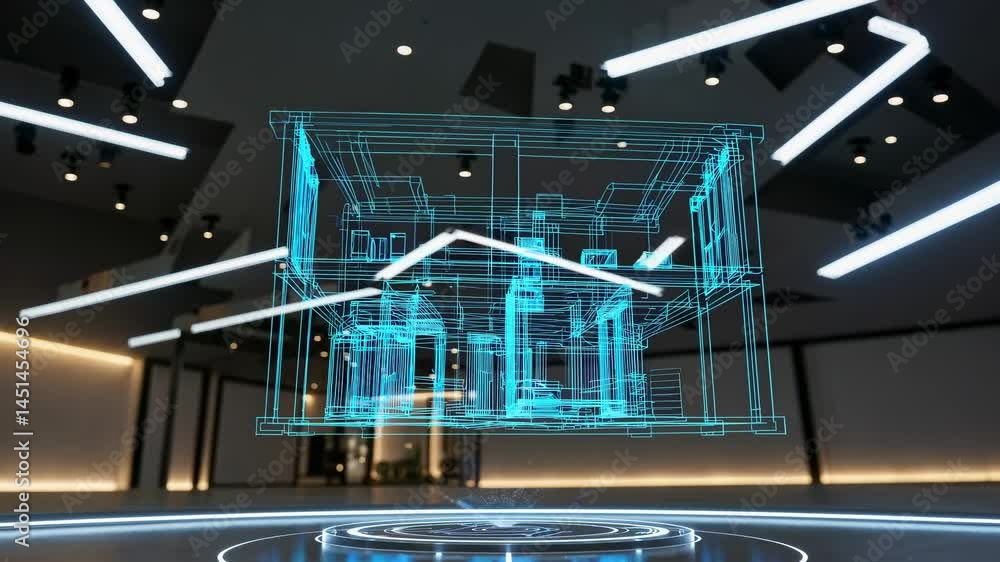 Poster futuristic 3d wireframe house model in a spacious room, viewed from a low angle. the video showcases