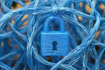 cyber padlock symbol floating in a net of blue lines, digital security theme