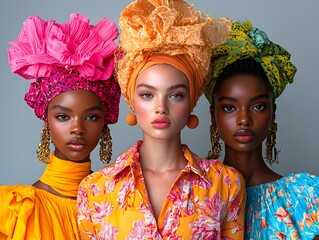 "Diverse Women in Colorful Head Coverings"