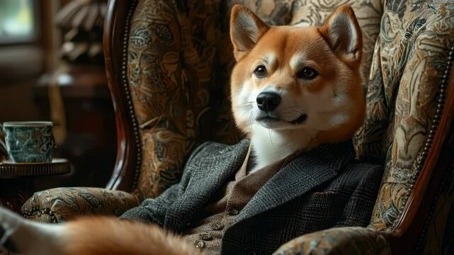 A Shiba Inu dog dressed in a classic suit sits in a luxurious armchair, creating a refined and sophisticated atmosphere with rich textures and high detail.