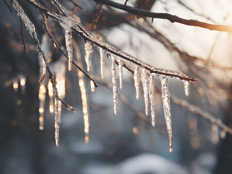 Macro photo of icicles forming on tree branches