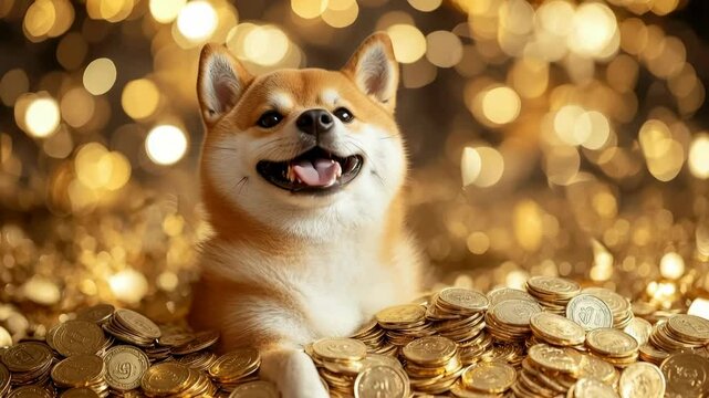 A Shiba Inu dog with a humorous facial expression sits atop a pile of gold coins, symbolizing wealth and fortune in a playful and whimsical style with high detail.
