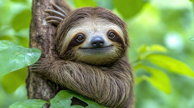 Fototapeta Close-up portrait of a cute smiling sloth clinging to a tree trunk
