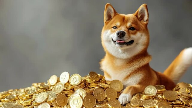 A Shiba Inu dog with a humorous facial expression sits atop a pile of gold coins, symbolizing wealth and fortune in a playful and whimsical style with high detail.