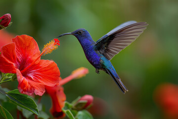 Obraz premium Violet Sabrewing Hummingbird Flying Next to Red Flower – Tropical Costa Rica Wildlife