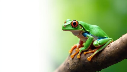 Green tree frog perched on white, vibrant colors, nature, zoology