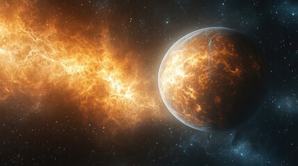Obraz premium Stunning cosmic scene featuring a fiery nebula and a glowing planet in a vast space environment with shimmering stars