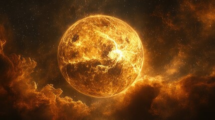 Obraz premium A breathtaking cosmic view of a glowing planet surrounded by vibrant clouds and twinkling stars in a rich, fiery palette