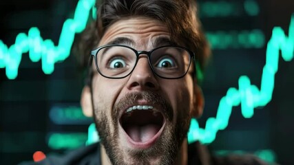 An enthusiastic man gazes excitedly at a green rising cryptocurrency chart, symbolizing optimism and profit potential in the crypto market.