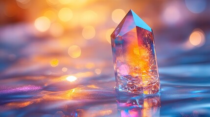 A stunning crystal prism reflecting light in a colorful, dreamy setting with shimmering bokeh effects in the background