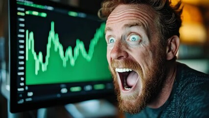 An enthusiastic man gazes excitedly at a green rising cryptocurrency chart, symbolizing optimism and profit potential in the crypto market.