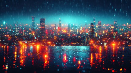 Obraz premium Vibrant Urban Landscape: Cityscape Reflecting in Rain-slicked Streets at Night