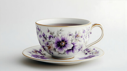 Fototapeta premium A delicate teacup and saucer with a floral pattern, filled with dark tea, sits on a white background. The purple and white flowers on the china add a touch of elegance.