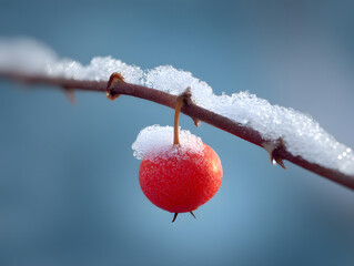 Snow-covered berry on a twig bright and crisp