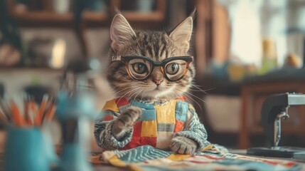 Cute tabby cat wearing glasses and patchwork clothing, sewing