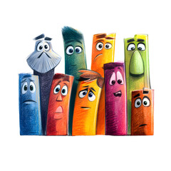Colorful characters expressing various emotions stand together in a whimsical illustration.
