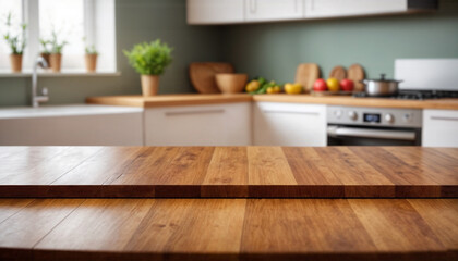 Empty wooden table top with blurred kitchen background