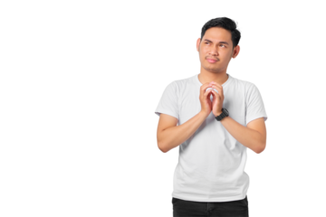 Pensive young Asian man with a serious face thinking about a question, thoughtful about confusing idea isolated on transparent background