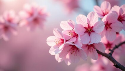 Obraz premium Delicate pink sakura blossoms, full bloom, soft petals, cherry, print, bloom