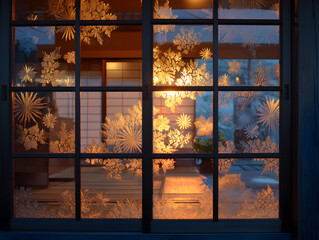 Traditional shoji paper window with frost pattern