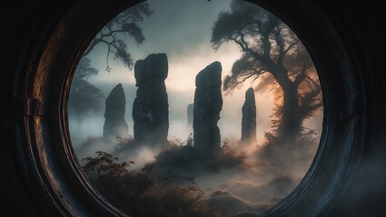 Standing stones landscape seen through a circular stone window
