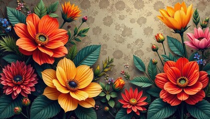 Fototapeta premium Bold blooms in tapestry weave, earthy palette, antique, green, illustration