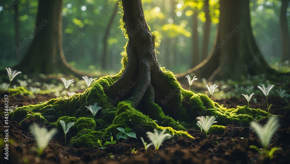 Poster tree roots covered in moss with small plants in forest setting
