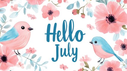 Colorful greeting card design, vibrant floral pattern with pink and blue birds, perfect for July celebrations, space for text.