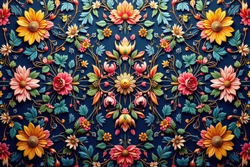 Intricate floral textile design, repeating motif, surface, geometric