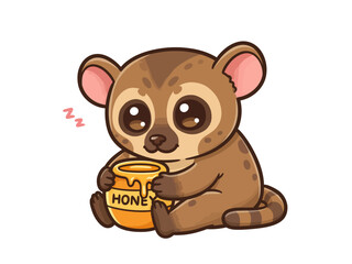 A Charming Vector Illustration Features A Stylized Aye Aye Character In A Seated Position Gently Embracing A Pot Of Golden Honey Evoking A Feeling Of Sweetness Warmth And Peaceful Contentment