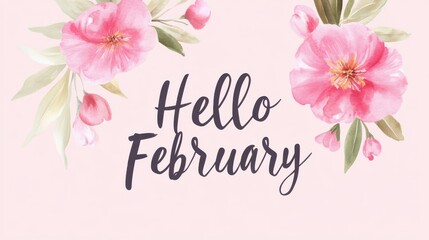 Floral greeting card design, pink background with vibrant flowers, cheerful message for February, ideal for seasonal wishes.