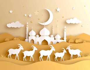 HD paper fold illustration of Eid al-Adha during sunset in the desert, 16:9 aspect ratio. Featuring sand dunes, silhouettes of goats and sheep, a mosque with golden domes in the background, warm orang