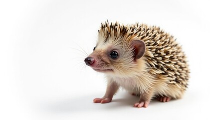 Obraz premium Single brown hedgehog on bright white, showing spines and tiny nose, macro, wild