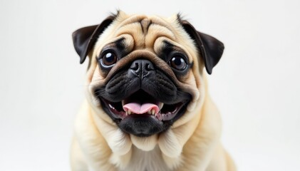 Solo pug with endearing expression, pure white backdrop, mammal, canine portrait