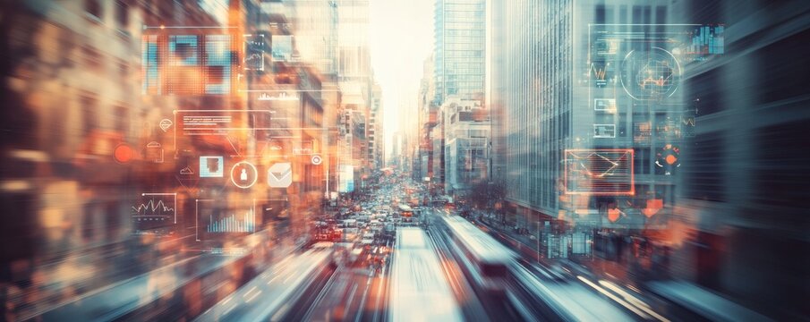 Urban cityscape with digital overlays.