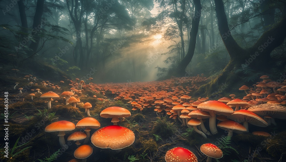 Poster exploring forest path lined with wild mushrooms and soft sunlight