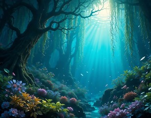 Obraz premium A tranquil view into a lush underwater forest with vibrant flora and streams of sunlit water.