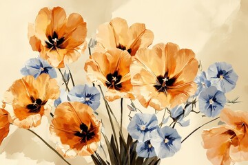 A bouquet of peach and periwinkle flowers in soft tones.