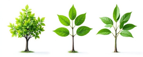 Three isolated branches in different stages of growth on a white background, tree parts, natural