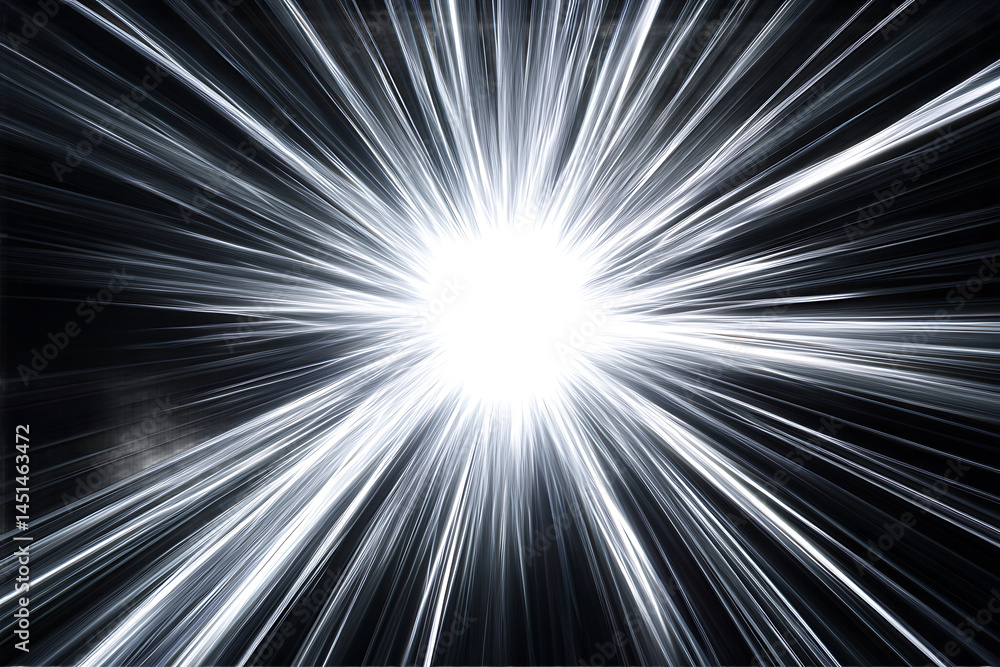 Poster bright light emanating outwards with radiating lines on a dark background creating a burst effect