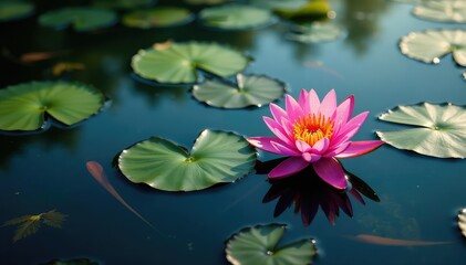 Water lilies form intricate floral pattern on lake surface, background, flora, serene