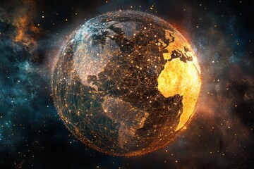 digital sphere with connecting nodes between continents, global finance concept