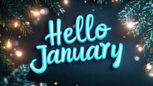 Festive text greeting, bright blue lettering saying hello january, surrounded by twinkling lights, perfect for winter themes. - Powered by Adobe