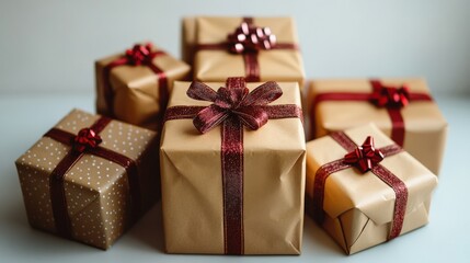Obraz premium A collection of beautifully wrapped gift boxes with red bows, set against a soft background
