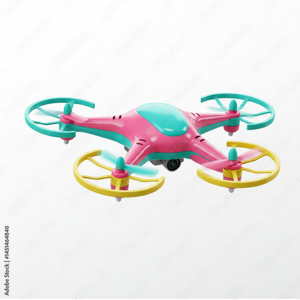Poster Toy drone with colorful propeller guards and smiley decals, hovering in playful tilt on a pure white background.