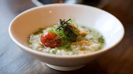 Steamed Rice with Fresh Umeboshi and Chazuke Topped with Greens and Seaweed Garnish