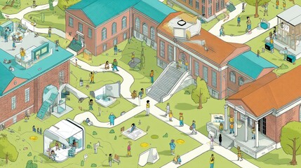 Campus map, illustration of diverse student body